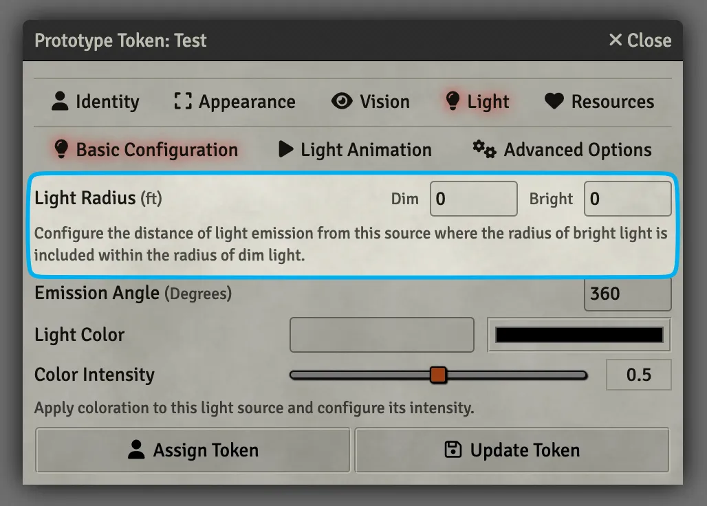 Token Configuration Light Tab: Basic Configuration Sub-Tab
